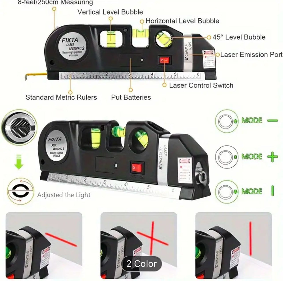 5 in 1 Multi Purpose Laser Level Pro 3, Laser Leveler With Measuring Tape & Laser Beam